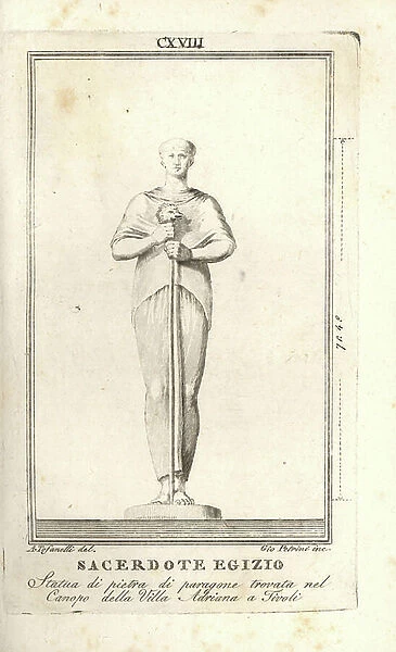 Statue of an Egyptian priest holding a cock's head found in the Canopus of Hadrian's Villa at Tivoli. Copperplate engraving by Gio. Petrini after an illustration by A