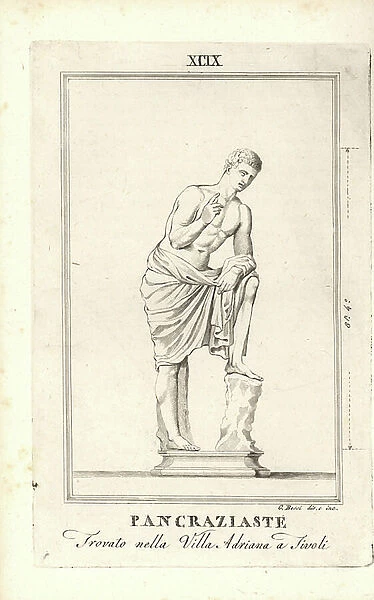Statue of the Greek god Hermes as a Pankration fighter (Pancraziaste). From Hadrian's Villa at Tivoli. Copperplate drawn and engraved by G. Bossi from Pietro Paolo Montagnani-Mirabilii's Il Museo Capitolino (The Capitoline Museum), Rome, 1820