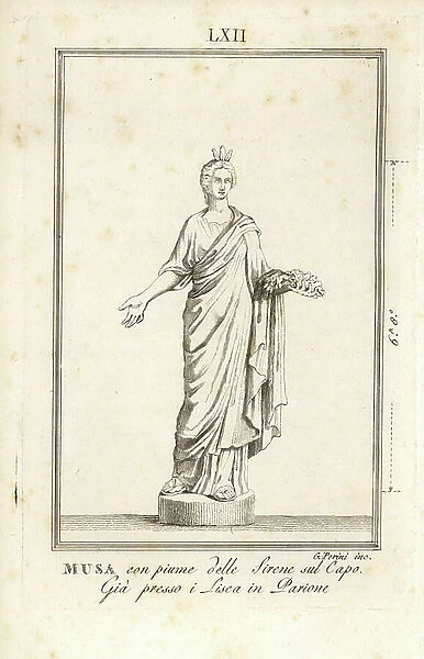 Statue of a Greek muse in chiton and sandals, with siren's feathers in her hair. In the house of Francesco Lisca in Parione. Copperplate engraving by G