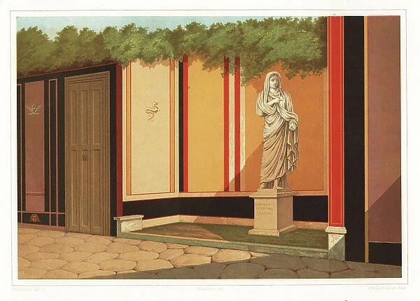 Statue of public priestess and matron of the fullers Eumachia. From the building of Eumachia on the east side of the Forum, Pompeii. Eumachiae L F Sacer Publ Fullones. Chromolithograph by D. Capri after an illustration by V