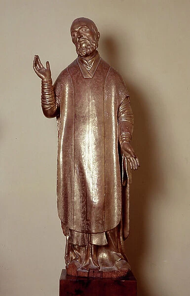 Statue of Saint Charles Borromee. Anonymous sculpture in golden wood. 17th century Sun. 162x40x40 cm Church of the Assumption, Beaurecueil (Bouches du Rhone)