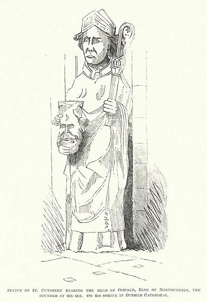 Statue of St Cuthbert bearing the head of Oswald, King of Northumbria, the founder of his see (engraving)