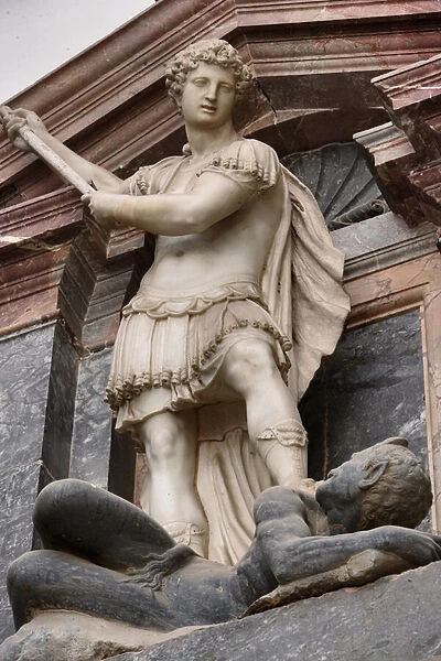 Statue of St. Michael defeating the devil, detail of the Mausoleum of St. Pius V (marble)