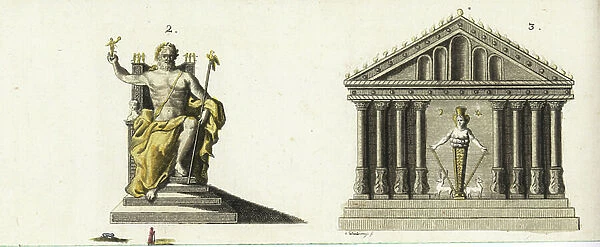 Statue of Zeus at Olympia 2, and the Temple of Artemis at Ephesus 3. Handcoloured copperplate engraving after Christiane Henriette Dorothea Westermayr from Friedrich Johann Bertuch's Bilderbuch fur Kinder (Picture Book for Children), Weimar, 1792