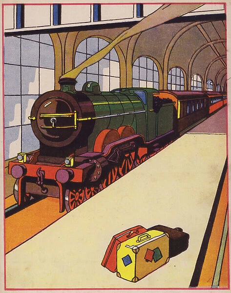 Steam locomotive in a railway station (colour litho)