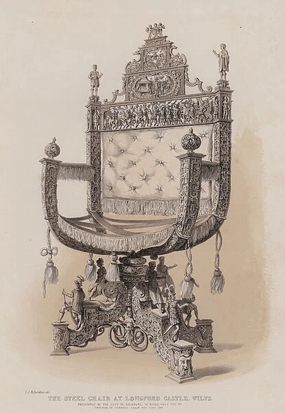The steel chair at Longford Castle, Wilts, presented by the city of Augsburg, to Rudolphis the 2nd, Emperor of Germany about the year 1577 (colour litho)