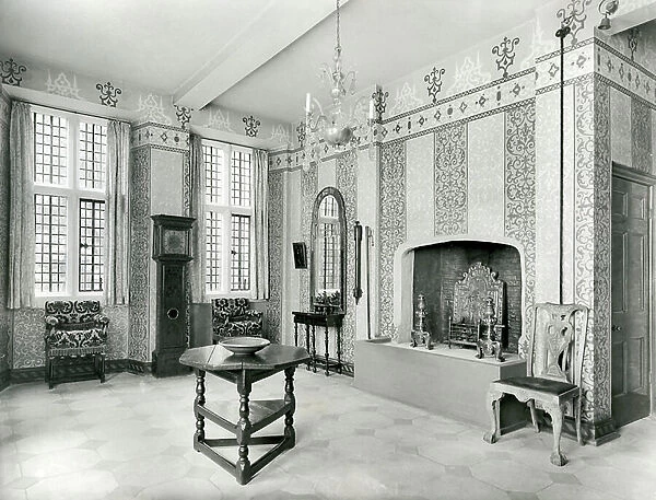 The stencilled entrance hall of the Treasurer's House, York, from The English Manor House (b / w photo)