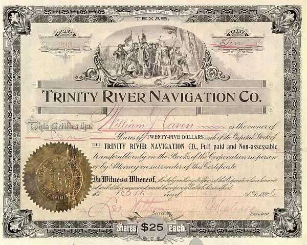 Stock Share for Trinity River Navigation Co. 1895 (litho)