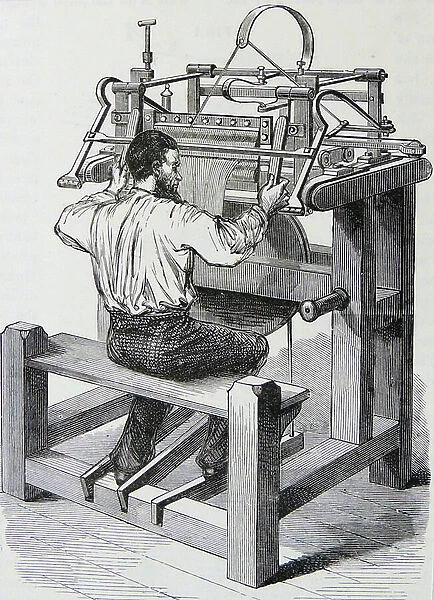 Stocking-frame weaver at work