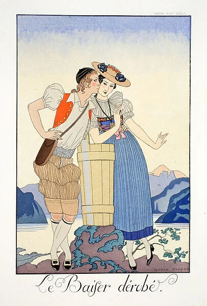 The Stolen Kiss, from Falbalas & Fanfreluches, Almanach des Modes Presentes, Passees et Futures, 1924 (colour litho)