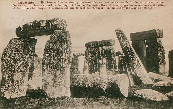 Stonehenge - Bronze Age stone circle said, in folklore, to have been erected in the reign of Aurelius Ambrosius, 490, to commemorate the defeat of the Britains by Hengist. Stones are said to have been brought from Ireland by the magic of Merlin
