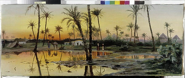 Stop on the Nile. Painting by Emile Rene Menard (1861-1930) 1879. Fondation regards de Provence, Marseille (Dim in cm 33, 5x83)