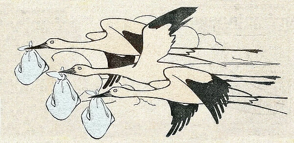Three storks carrying three packages (3 children). c.1900 (lithograph)