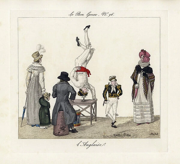 Street entertainer balancing on his head on a table. Accompanied by a fiddler and a young boy dancing a jig. Handcoloured engraving from Pierre de la Mesanger's Le Bon Genre, Paris, 1817