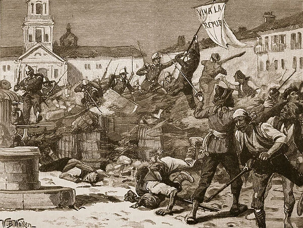 Street Fighting in Malaga, 1869, illustration from Cassell