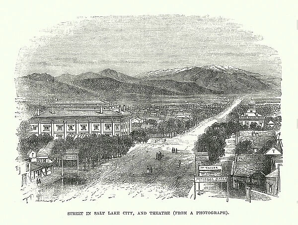 Street in Salt Lake City, and Theatre (engraving)