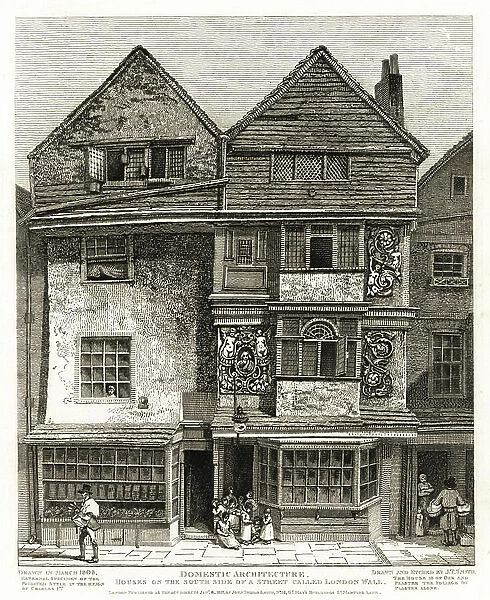 Stuart Houses from the reign of King Charles I in the Foliated Style on the south side of London Wall street, 1808. Oak timber house with plaster foliage