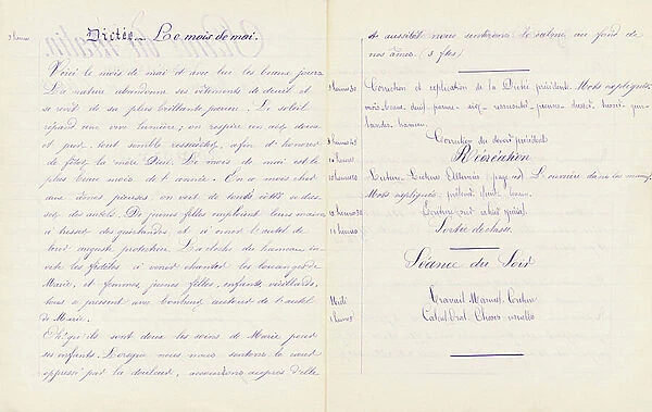 Student notebook: dictation 'The month of May', 1882 (handwritten)