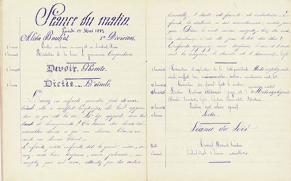 Student notebook: 'L'aieule' dictation, 1882 (handwritten)