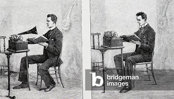 Student using an Edison phonograph to learn a language, 1893