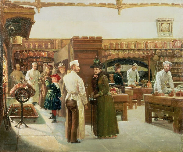 Study of the interior of the kitchen at Windsor Castle with a visit by the Royal Family