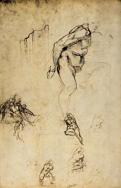 Study of masculine forms, drawing by Michelangelo. Casa Buonarroti, Florence