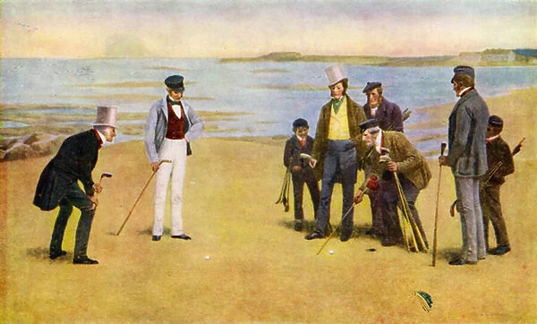 The Stymie, a foursome playing golf at North Berwick, 1840s (colour litho)