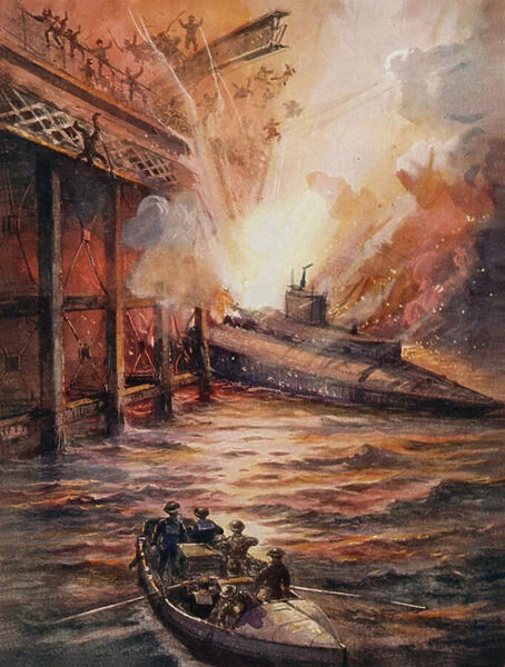 Submarine C3, filled with high explosives, charging the mole at Zeebrugge (colour litho)