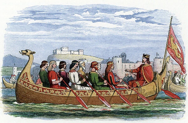 Submission to Chester: King Edgar (943-975) climbs up the Dee aboard a barge of which eight kings formed the crew thus proving his loyalty (including Kenneth II of Scotland, Mael Coluim mac Domnall of Strathclyde)
