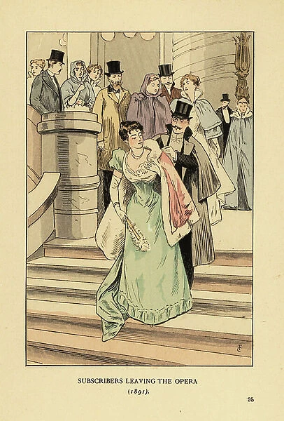 Subscribers leaving the opera, 1891. Gentleman in top hat and white-tie assisting a woman with her fur-lined cape on the stairs of the Opera de Paris. Handcoloured lithograph by R. V