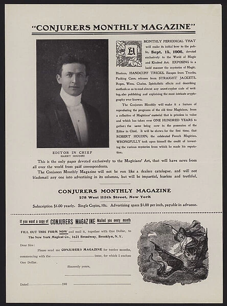 Subscription form for Conjurers Monthly Magazine, Editor In Chief Harry Houdini (litho)