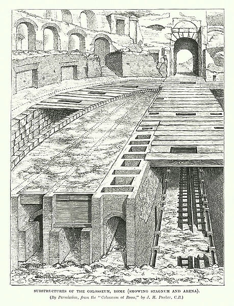 Substructures of the Colosseum, Rome, showing Stagnum and Arena (engraving)