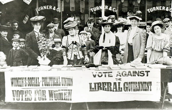 Suffragettes at a campaign stand, c. 1910 (b  /  w photo)