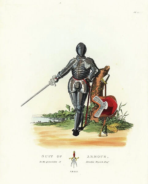 Suit of armour of an Italian man at arms of Count Gironi, Bologna, 1555. The suit has flexible splints at elbows, breastplate and backplate, and a flexible codpiece for comfort when seated in the saddle. Geman pennated dagger at bottom
