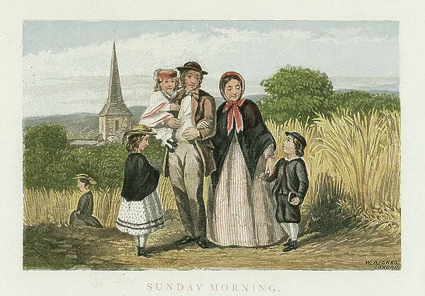 Sunday Morning Agricultural labourer and family returning home from church. Chromolithograph c1880