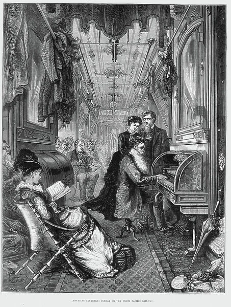Sunday morning on the Union Pacific Railroad. Singing hymns and sacred songs around the harmonium. Wood engraving published London 1875