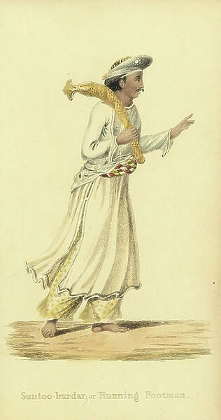 Suntoo-burdar, hurkaru or Indian running footman, with turban and mace. The footman ran ahead of his master's palanquin to clear the way. Handcoloured copperplate engraving by an unknown artist from ' Asiatic Costumes, ' Ackermann, London, 1828
