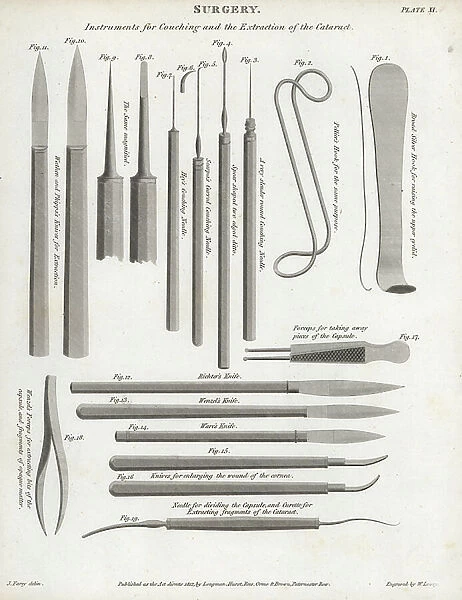 Surgical equipment for couching and the extraction of the cataract: Scarpa's couching needle, Hey's couching needle, Pellier's hook, Richter's knife, Wenzel's knife, Ware's knife, forceps and needle