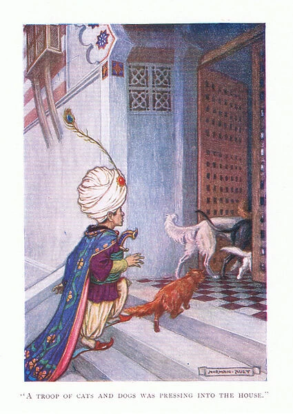 To his surprise a troop pf cats and dogs were pressing into the great house, 1928 (colour litho)