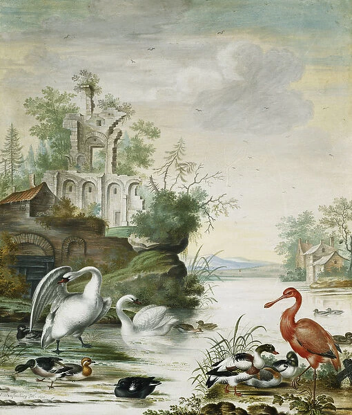 Swans, a Spoonbill, a Mallard, a Wigeon and Other Ducks on a River Below a Ruin
