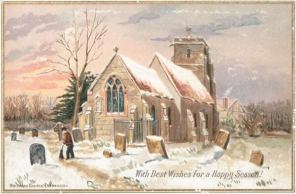 Sweeping away snow in churchyard, Christmas Card (chromolitho)