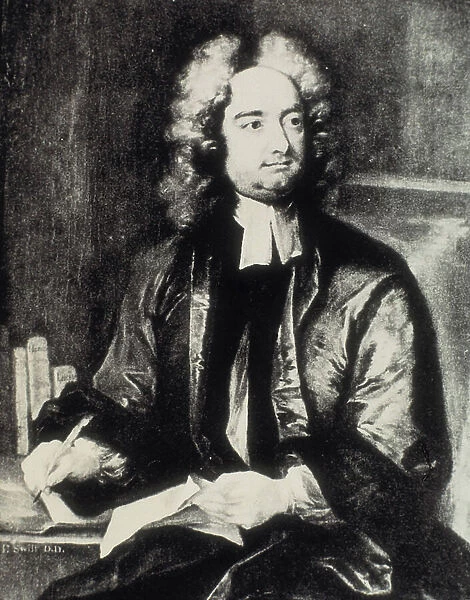 SWIFT, Jonathan (1667-1745). Irish clergy and satirist writer. Portrait as dean of St. Patrick's Cathedral of Dublin after painting of Charles Jervas (1675-1739). Engraving. Private Collection