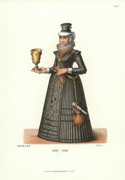 Swiss burger woman from the mid 16th century, holding a chalice. From a coloured pen and ink drawing, probably for a stainless-glass coat of arms. Chromolithograph from Hefner-Alteneck's Costumes