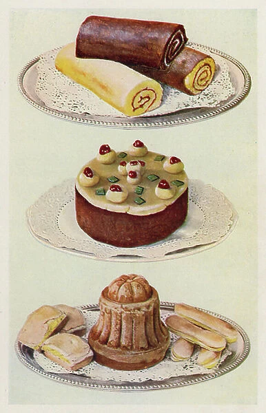 Swiss Roll; Simnal Cake; Large and Small Sponge Cakes (colour litho)
