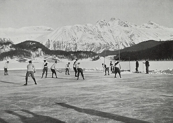 Switzerland, 1900s: Bandy on the Ice (b / w photo)