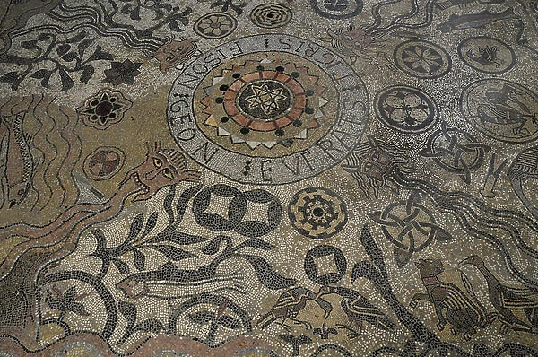 Symbolic representation of the Universe. Detail. Romanesque mosaic of the four rivers, 12th century, pavement of the altar of the chapel of Saint Nicholas, inside the Old Episcopal Palace