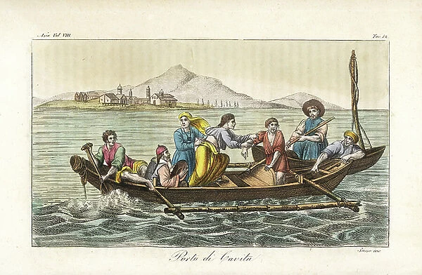 Tagalog people on a boat in front of Puerto de Cavite, Spanish port in Manila Bay, Philippines. Copied from a painting by Duche de Vancy and J.M. Moreau le Jeune in La Perouse