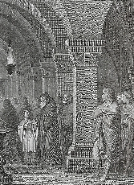 Tassilo III, Duke of Bavaria, entering a monastery after being deposed by Charlemagne, 788 (engraving)