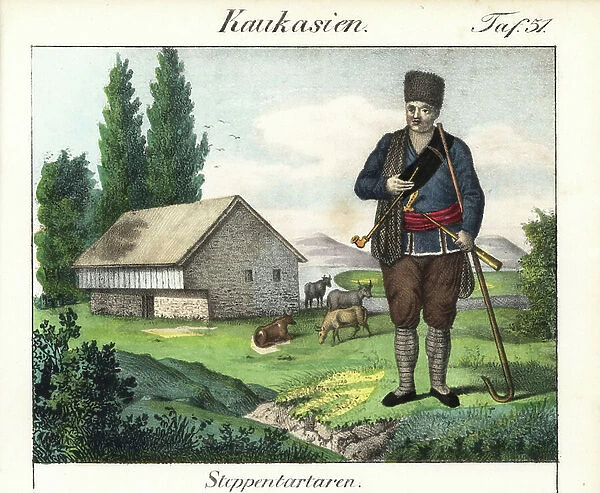 Tatar man of the steppes, in front of a farm and cattle. Lithography for the book: ' Galerie complete en tableaux fideles des peuples d'Asie' by Friedrich Wilhelm Goedsche (1785-1863), edition Meissen (Germany), 1835-1840