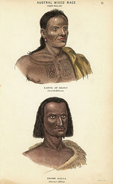 Tattooed man of Halmahera (Gilolo), Maluku Islands (Moluccas), and Berilla, an Edjow Galla, Abyssinia (Caucaso-Ethiopia). Copied from an illustration in Henry Salt's A Voyage to Abyssinia, 1814
